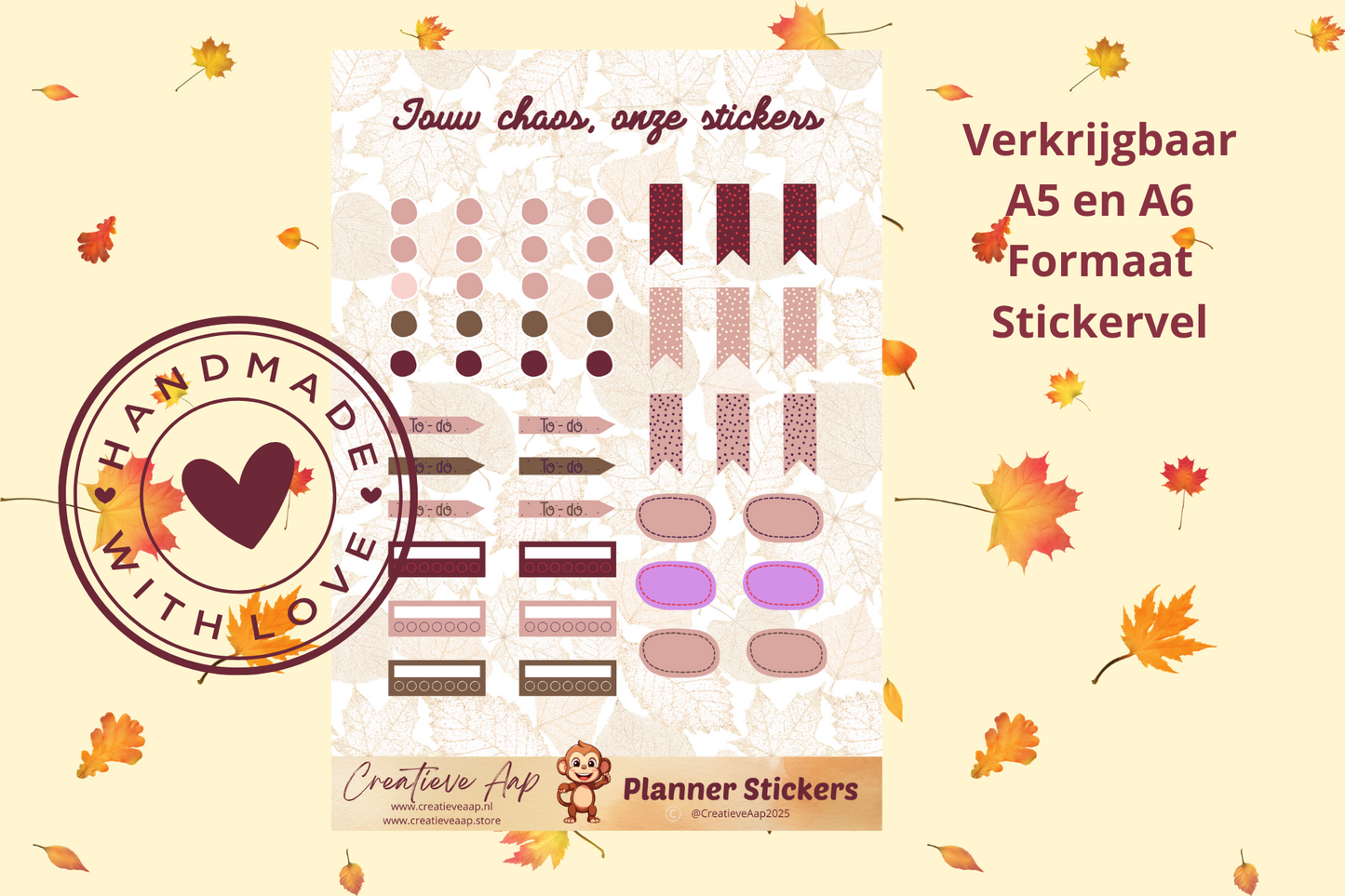 Planner stickers “Accessoires” in herfstkleuren 🍂📌✨ – met to-do’s, bullets en banners. Handgemaakt design van Creatieve Aap, verkrijgbaar in A6 en A5 formaat, matte of glans afwerking.
