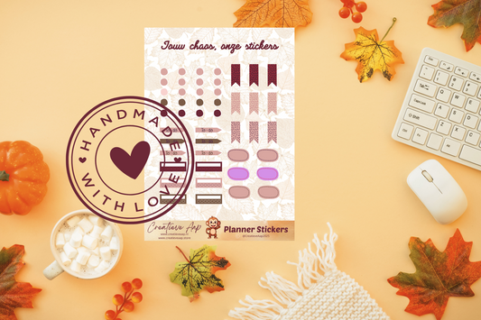 Planner stickers “Accessoires” in herfstkleuren 🍂📌✨ – met to-do’s, bullets en banners. Handgemaakt design van Creatieve Aap, verkrijgbaar in A6 en A5 formaat, matte of glans afwerking.