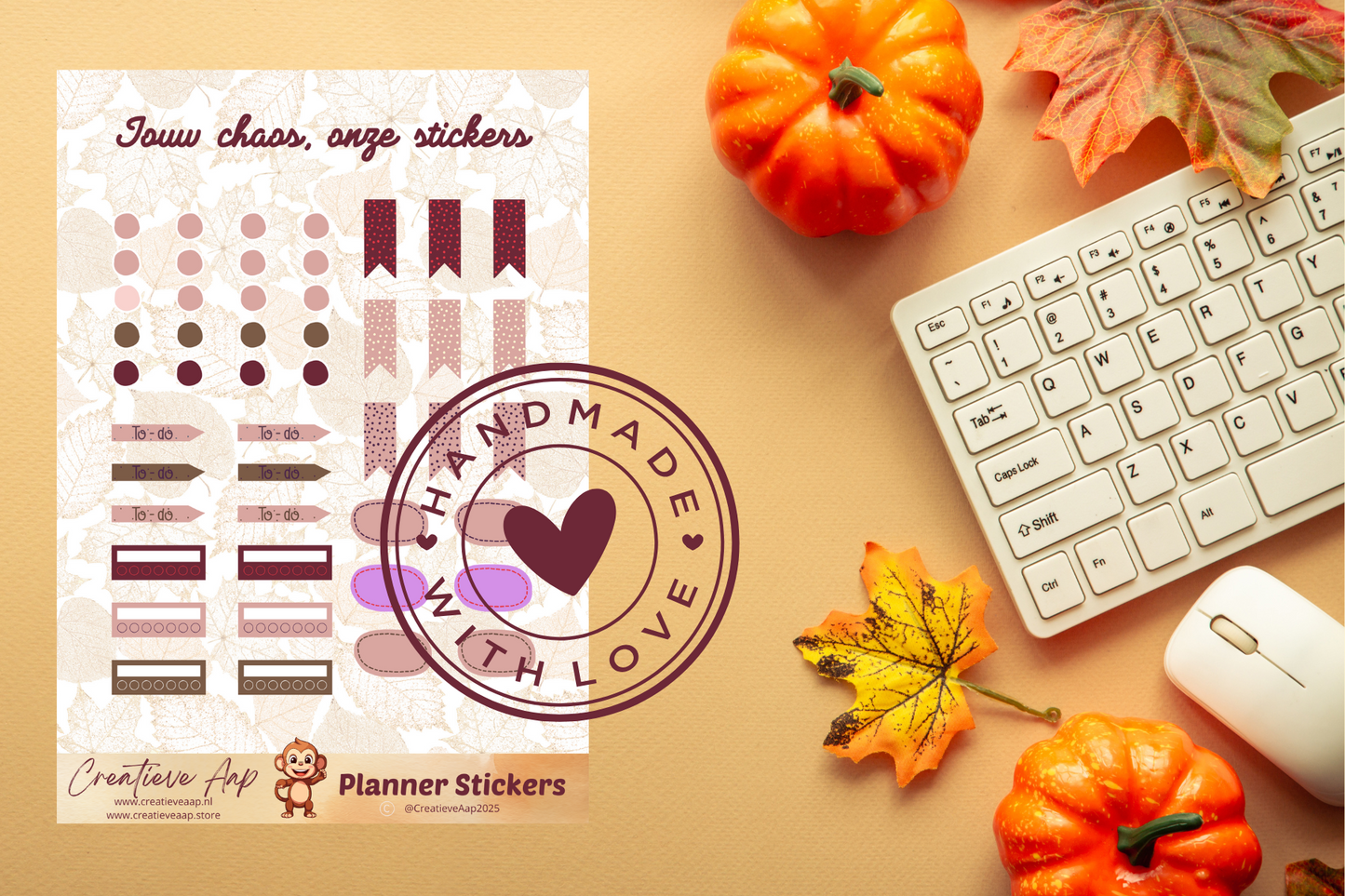 Planner stickers “Accessoires” in herfstkleuren 🍂📌✨ – met to-do’s, bullets en banners. Handgemaakt design van Creatieve Aap, verkrijgbaar in A6 en A5 formaat, matte of glans afwerking.
