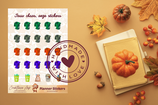 Planner stickers “Afval & Recyclen” in herfstkleuren 🗑️♻️🍂 – icoontjes voor glas, papier, plastic en restafval. Handgemaakt design van Creatieve Aap, verkrijgbaar in A6 en A5, matte of glans afwerking.