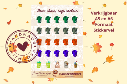 Planner stickers “Afval & Recyclen” in herfstkleuren 🗑️♻️🍂 – icoontjes voor glas, papier, plastic en restafval. Handgemaakt design van Creatieve Aap, verkrijgbaar in A6 en A5, matte of glans afwerking.