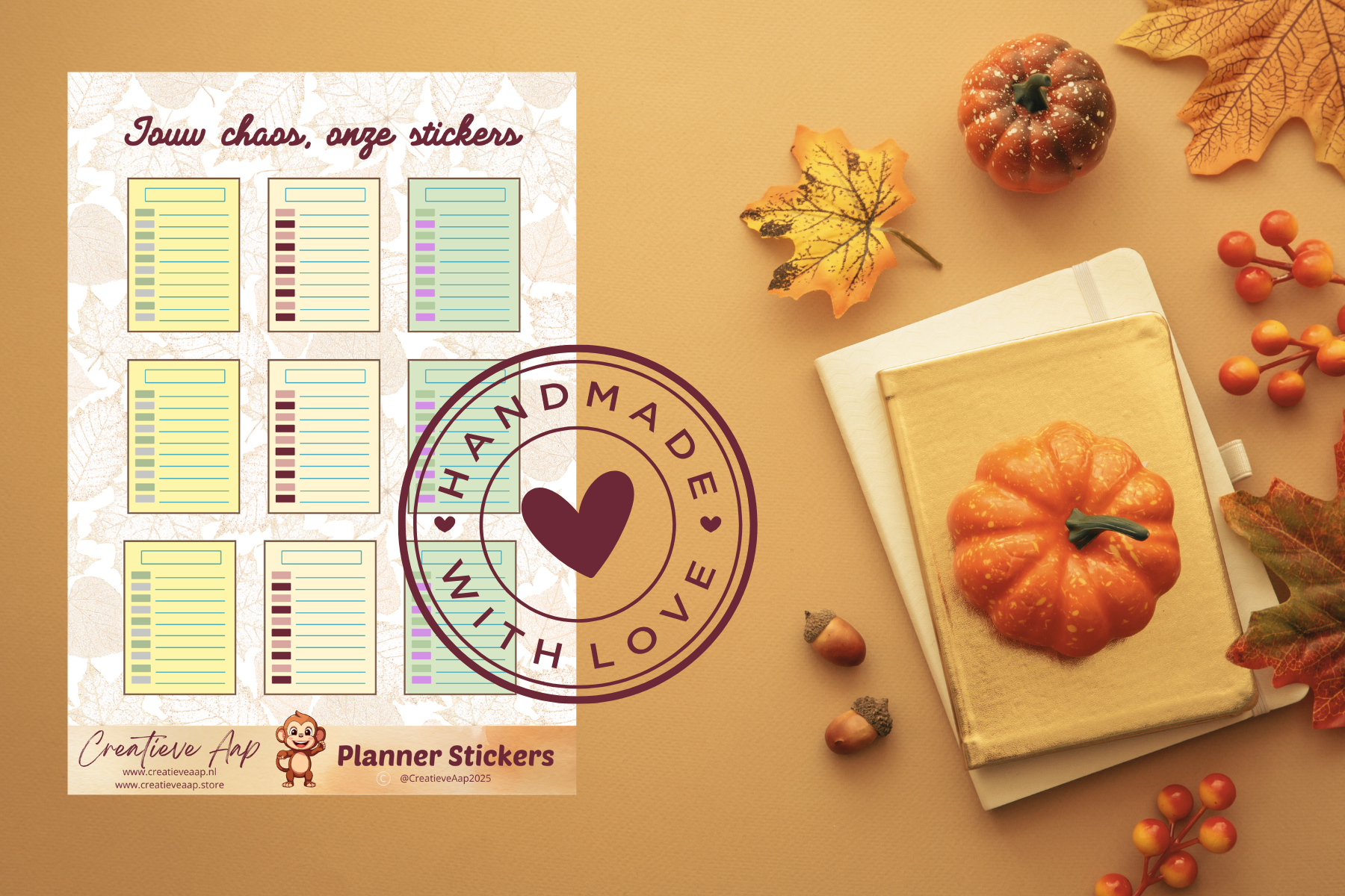 Planner stickers “Agenda Schema” in herfstkleuren 🍂📅✨ – handgemaakt design van Creatieve Aap, verkrijgbaar in A6 en A5 formaat, matte of glans afwerking.