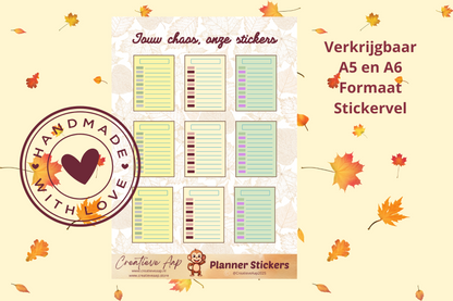 Planner stickers “Agenda Schema” in herfstkleuren 🍂📅✨ – handgemaakt design van Creatieve Aap, verkrijgbaar in A6 en A5 formaat, matte of glans afwerking.