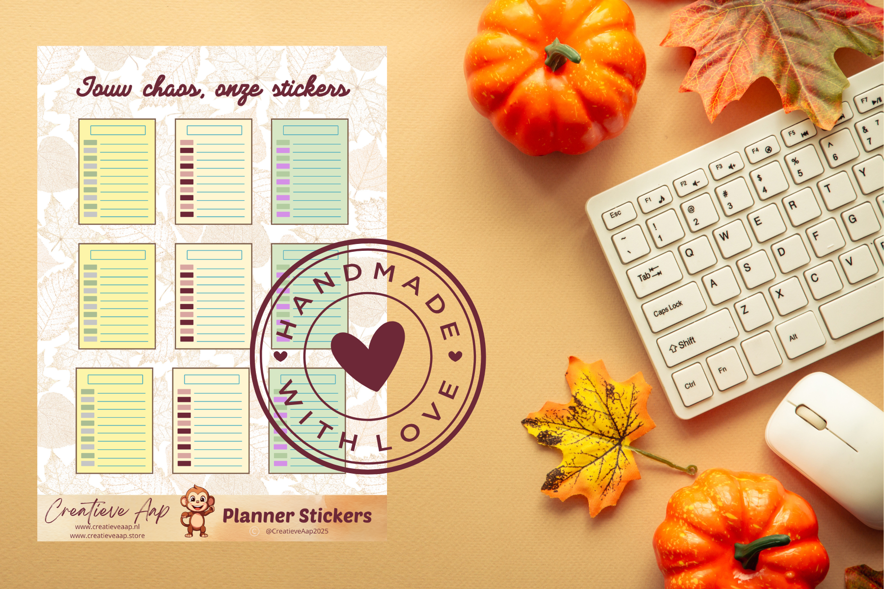 Planner stickers “Agenda Schema” in herfstkleuren 🍂📅✨ – handgemaakt design van Creatieve Aap, verkrijgbaar in A6 en A5 formaat, matte of glans afwerking.
