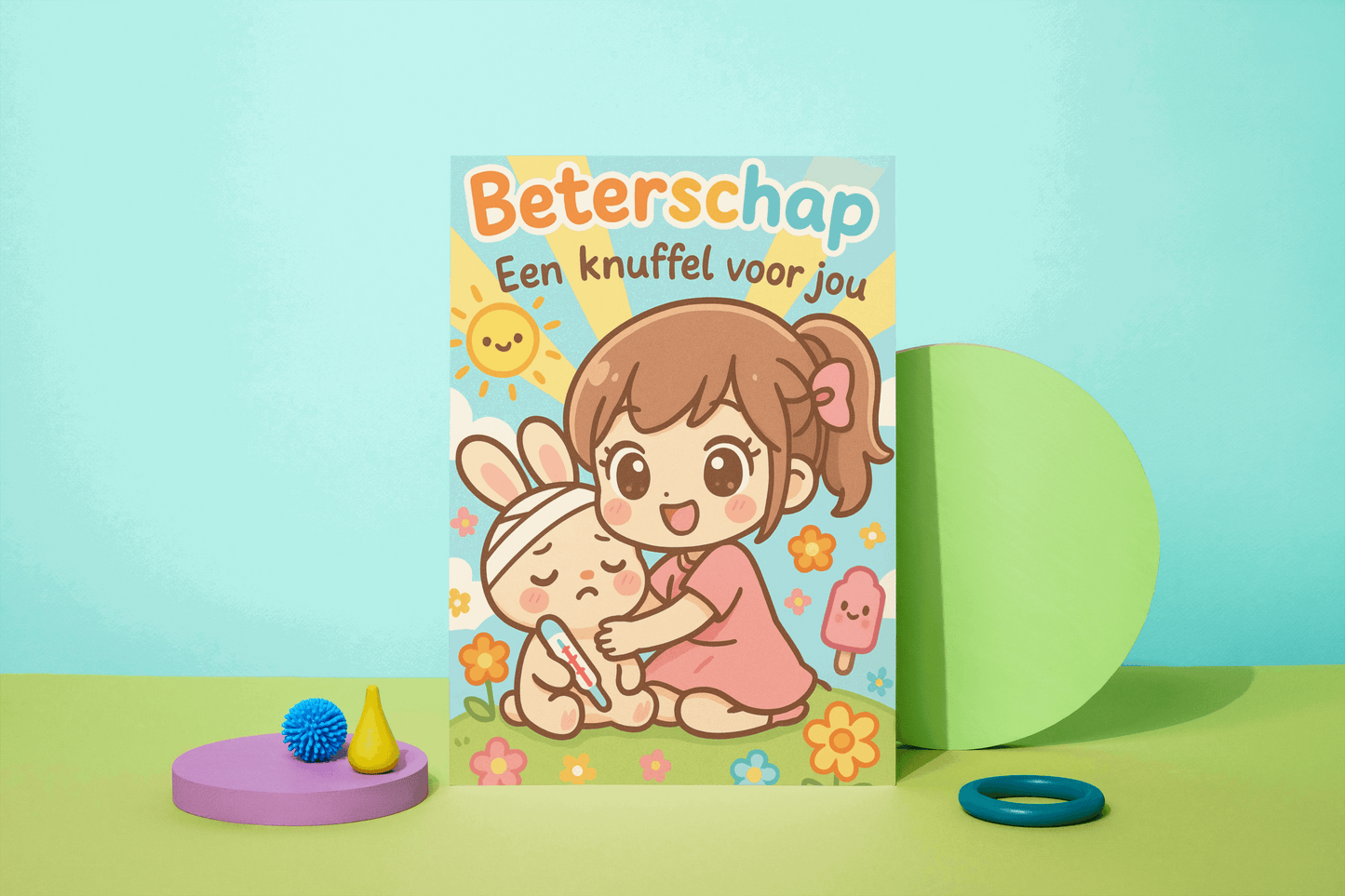 Wenskaart Beterschap – Een Knuffel Voor Jou – Kawaii Stijl – A6 – Met of Zonder Envelop – Creatieve Aap Creatieve Aap