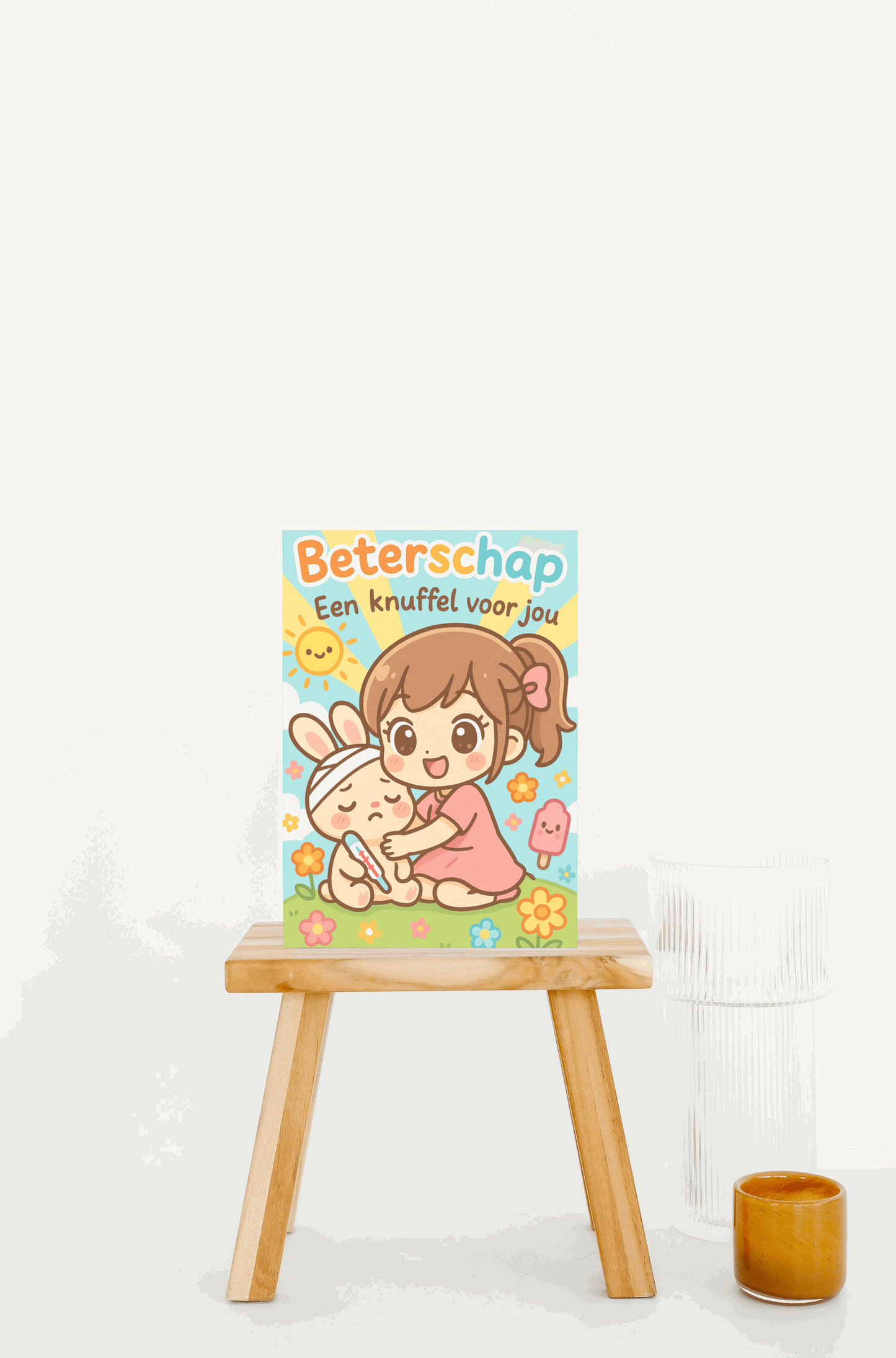 Wenskaart Beterschap – Een Knuffel Voor Jou – Kawaii Stijl – A6 – Met of Zonder Envelop – Creatieve Aap Creatieve Aap