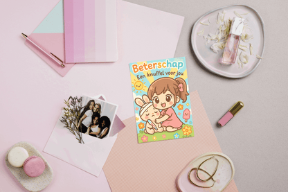 Wenskaart Beterschap – Een Knuffel Voor Jou – Kawaii Stijl – A6 – Met of Zonder Envelop – Creatieve Aap Creatieve Aap