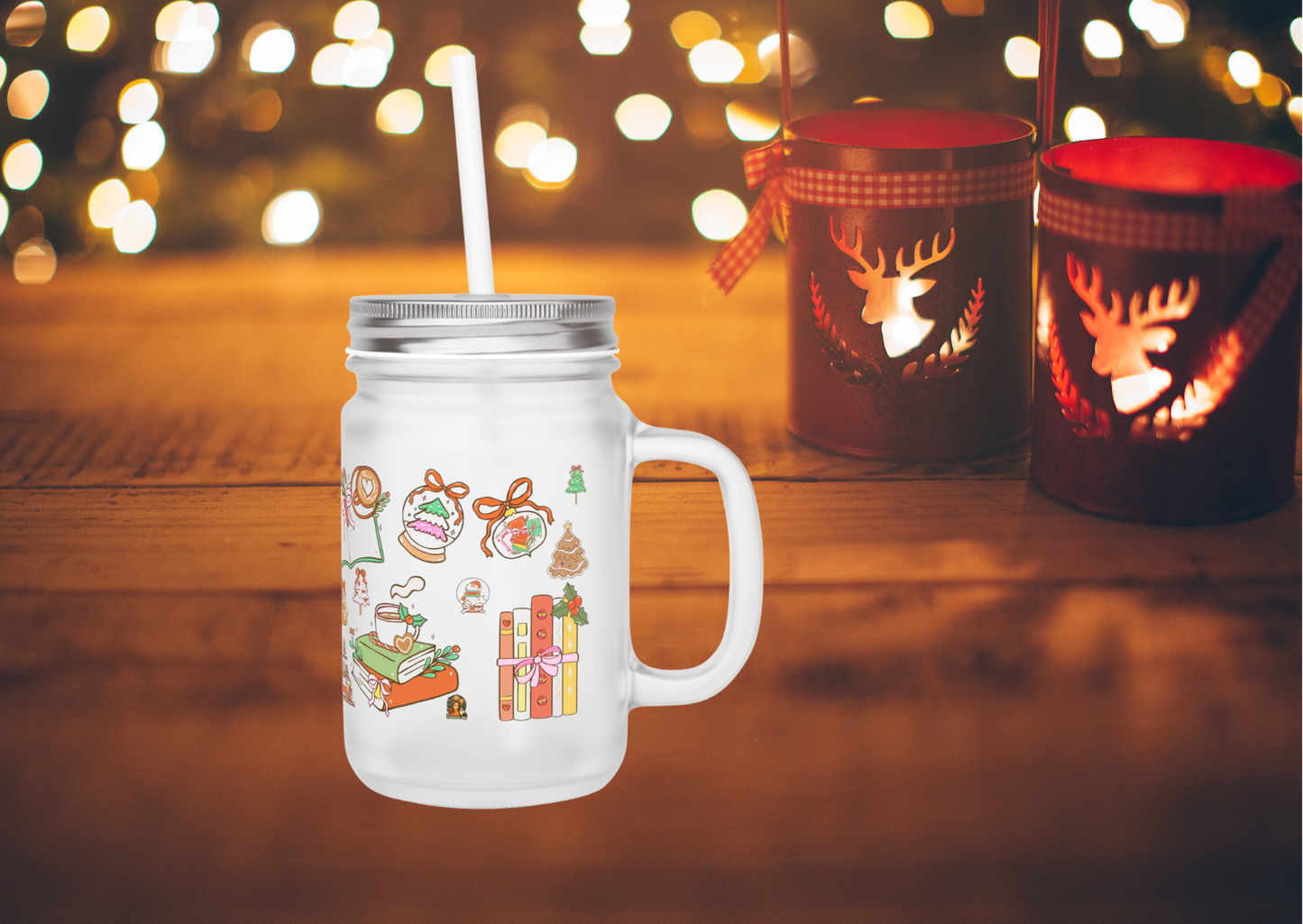 🎄 BookLover – Kerst Mason Jar (12oz / Frosted Glass)