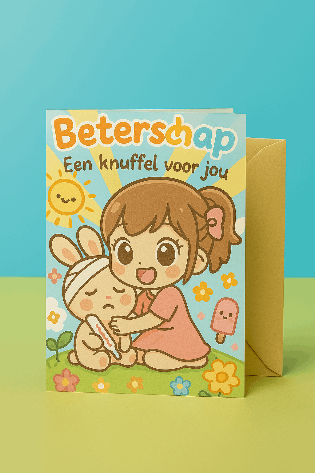 Wenskaart Beterschap – Een Knuffel Voor Jou – Kawaii Stijl – A6 – Met of Zonder Envelop – Creatieve Aap Creatieve Aap