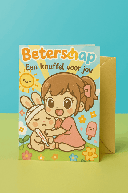 Wenskaart Beterschap – Een Knuffel Voor Jou – Kawaii Stijl – A6 – Met of Zonder Envelop – Creatieve Aap Creatieve Aap