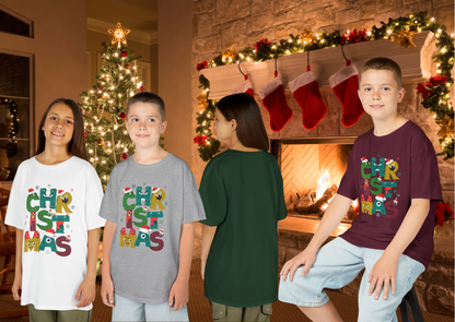 Kinder T-Shirt – Christmas Monster – Kerst 2025 – XS t/m XL – Forest Green / Maroon / White / Sport Grey