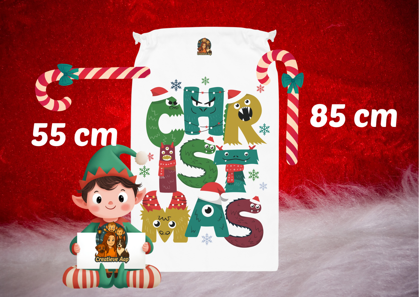 🎄 Kerst Cadeau Zak – Christmas Monster Letters (55 × 85 cm)