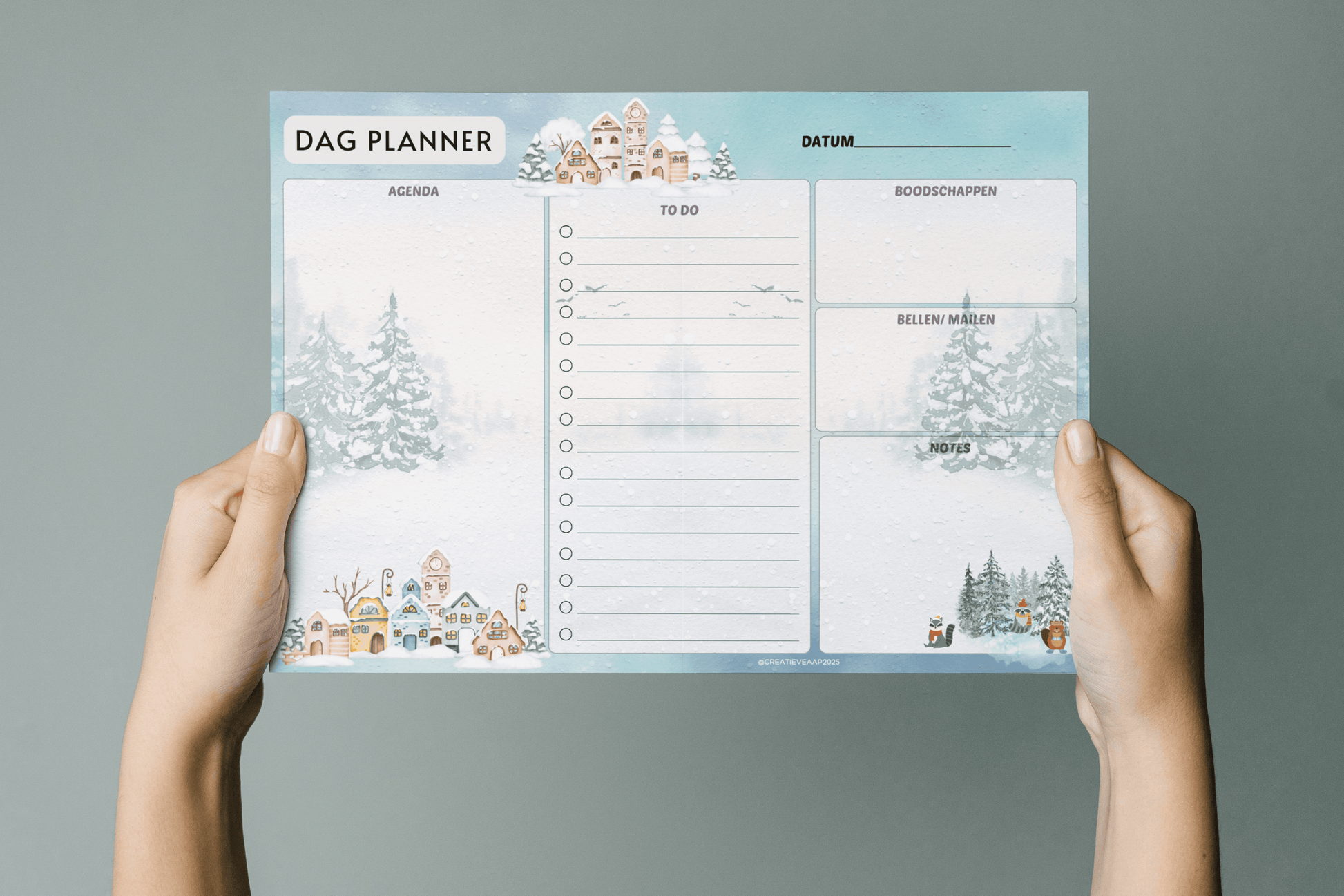 Dagplanner Winter 2025 – Handgemaakt Notitieblok met winters thema, A4-formaat. Inclusief secties voor agenda, to-do-lijst, boodschappen en notities.