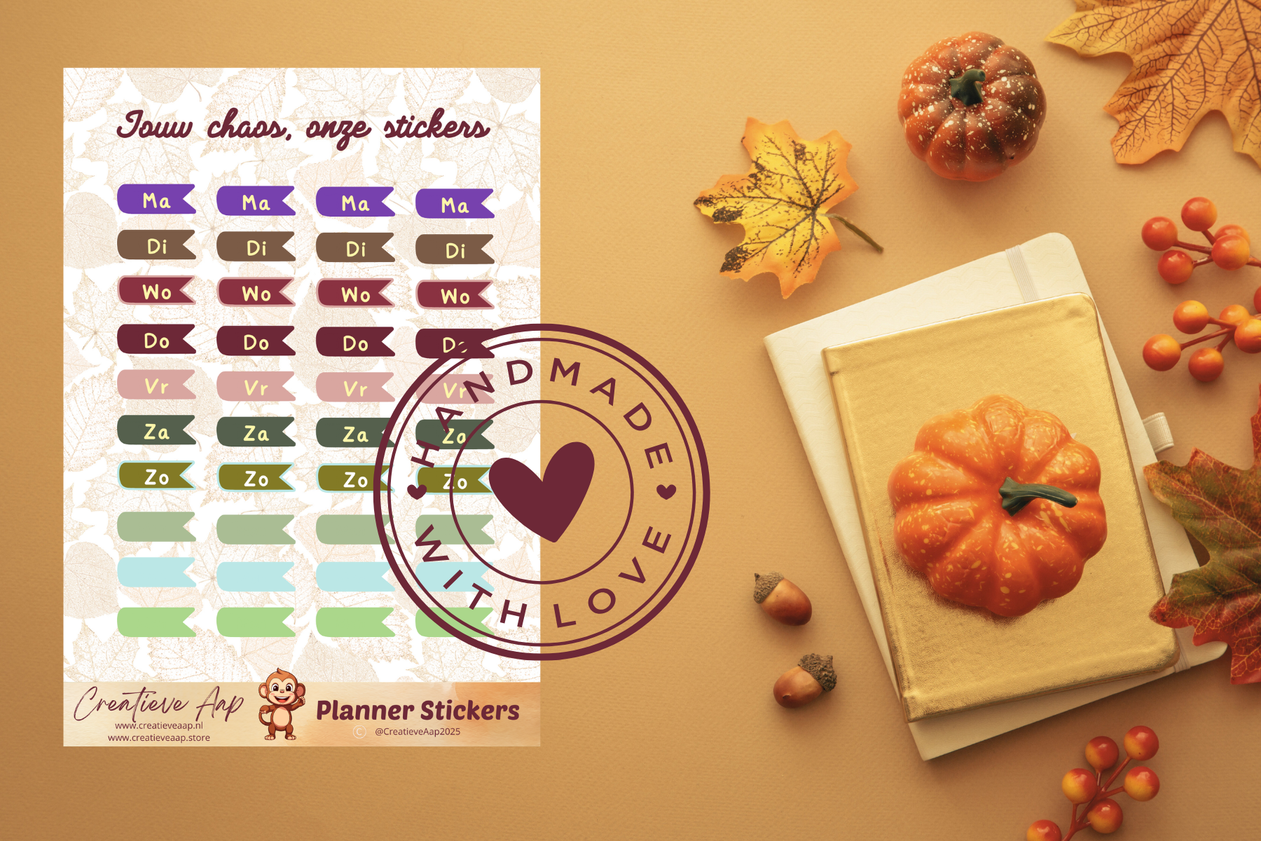Planner stickers “Dag van de Week” in herfstkleuren 📅🍂✨ – handgemaakt design van Creatieve Aap, verkrijgbaar in A6 en A5 formaat, matte of glans afwerking.