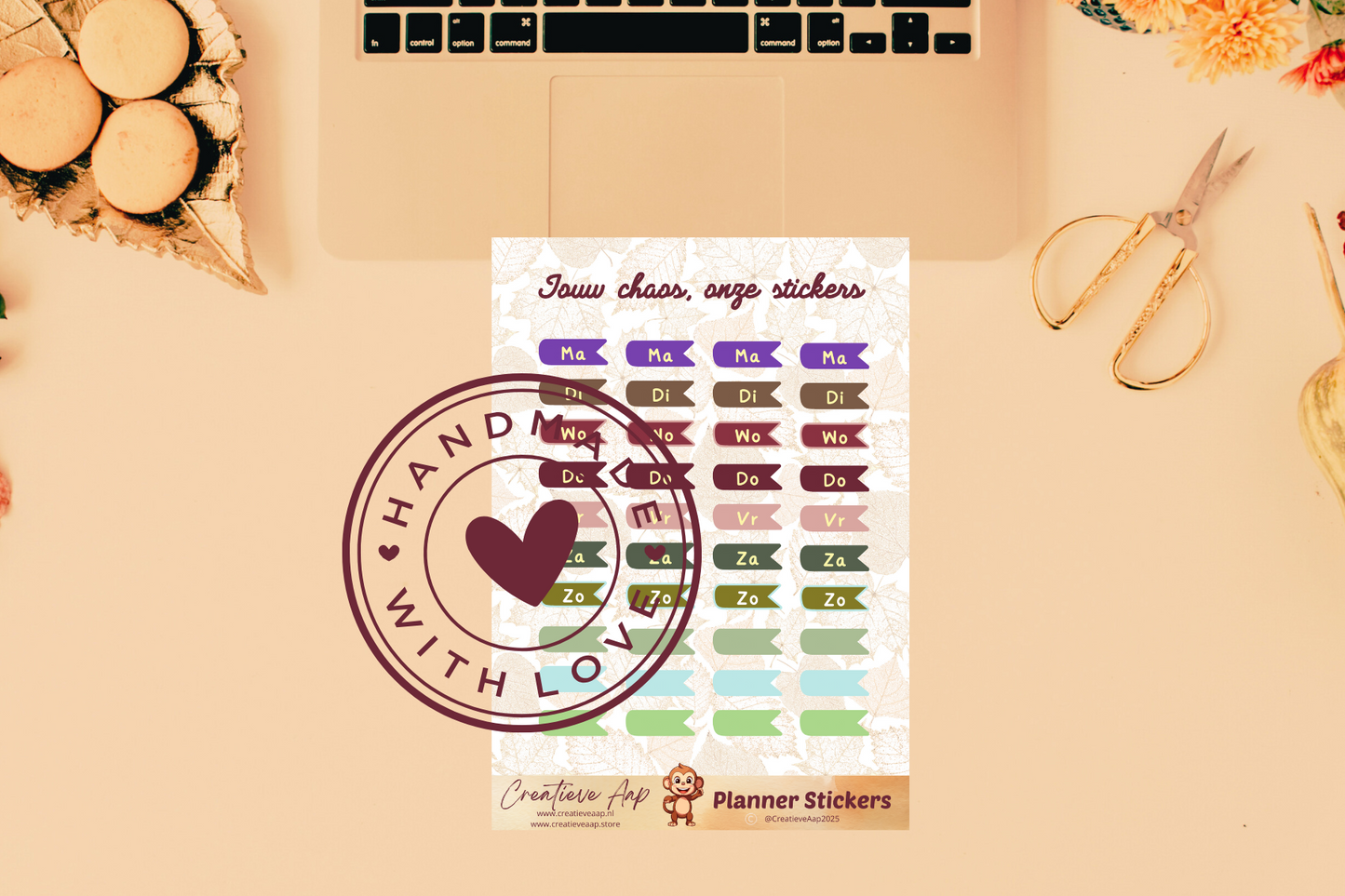 Planner stickers “Dag van de Week” in herfstkleuren 📅🍂✨ – handgemaakt design van Creatieve Aap, verkrijgbaar in A6 en A5 formaat, matte of glans afwerking.
