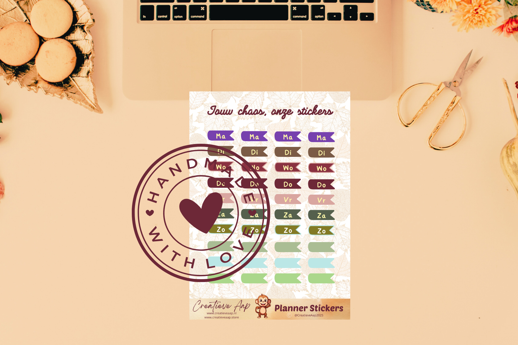 Planner stickers “Dag van de Week” in herfstkleuren 📅🍂✨ – handgemaakt design van Creatieve Aap, verkrijgbaar in A6 en A5 formaat, matte of glans afwerking.