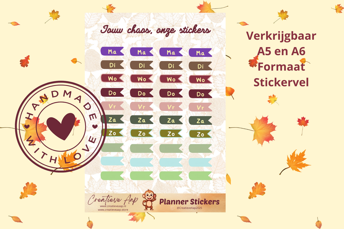 Planner stickers “Dag van de Week” in herfstkleuren 📅🍂✨ – handgemaakt design van Creatieve Aap, verkrijgbaar in A6 en A5 formaat, matte of glans afwerking.