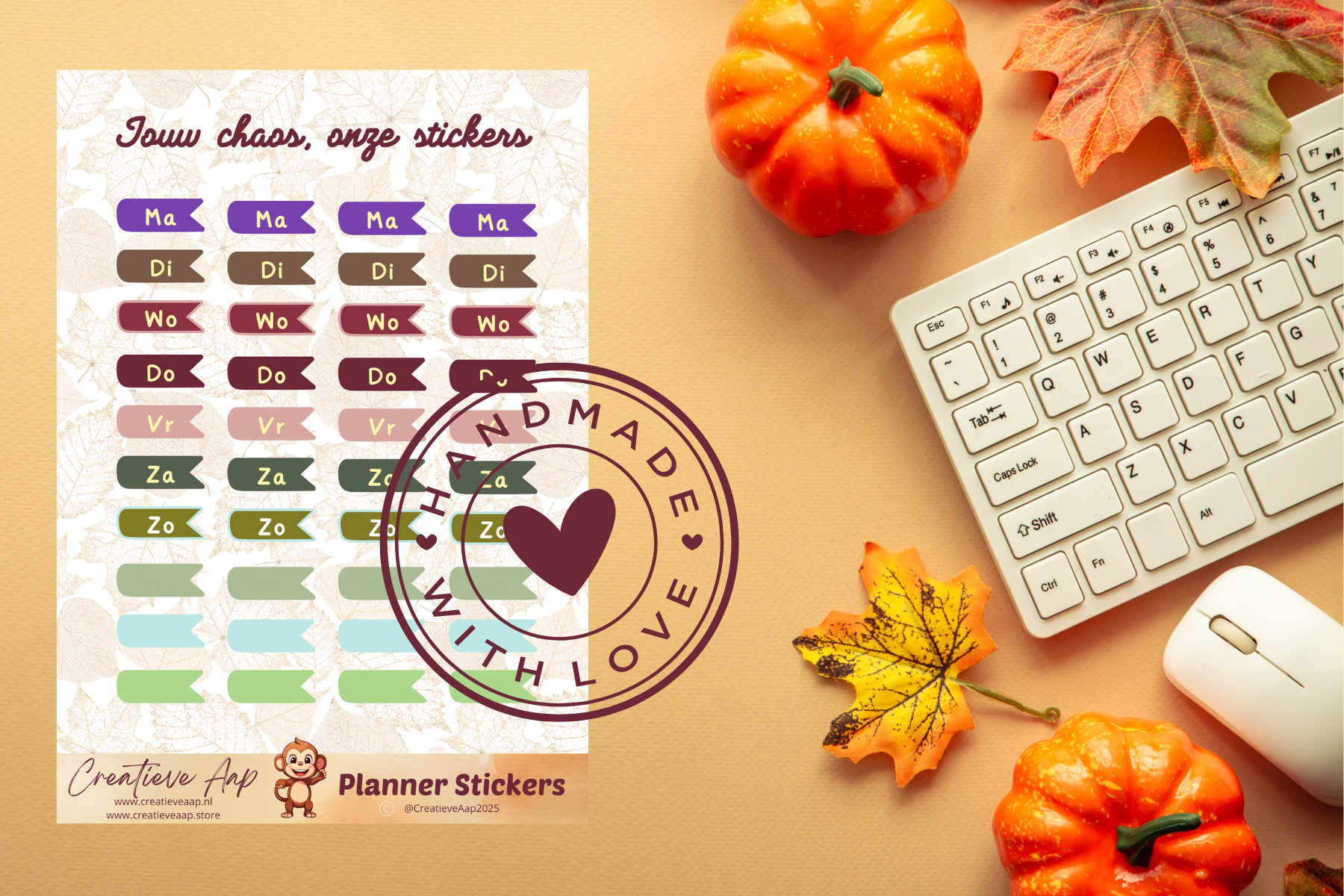 Planner stickers “Dag van de Week” in herfstkleuren 📅🍂✨ – handgemaakt design van Creatieve Aap, verkrijgbaar in A6 en A5 formaat, matte of glans afwerking.