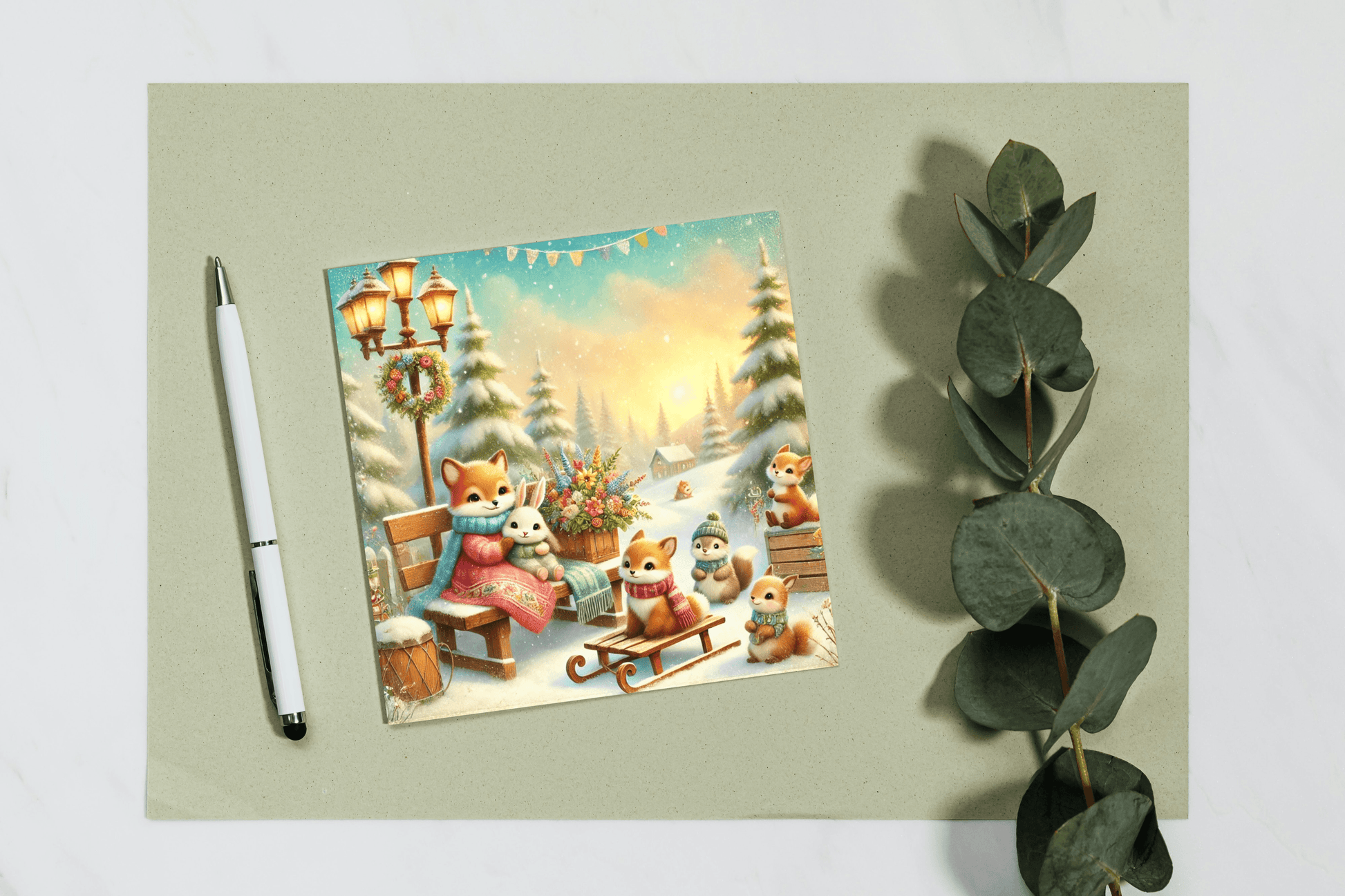 Winterse wenskaart met dierenvrienden in een sfeervol sneeuwlandschap, formaat 12,5 x 12,5 cm, perfect voor kerst- en wintergroeten.