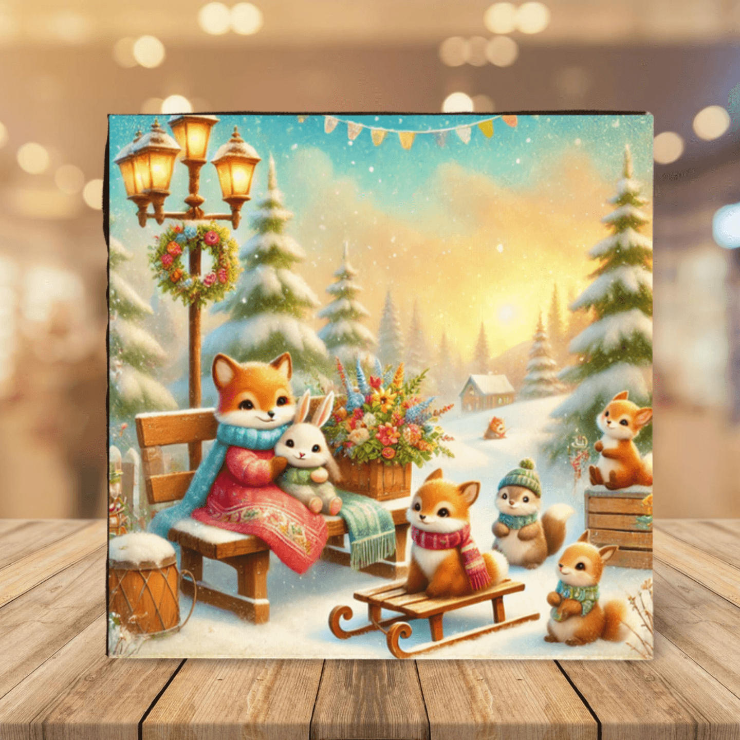 Winterse wenskaart met dierenvrienden in een sfeervol sneeuwlandschap, formaat 12,5 x 12,5 cm, perfect voor kerst- en wintergroeten.