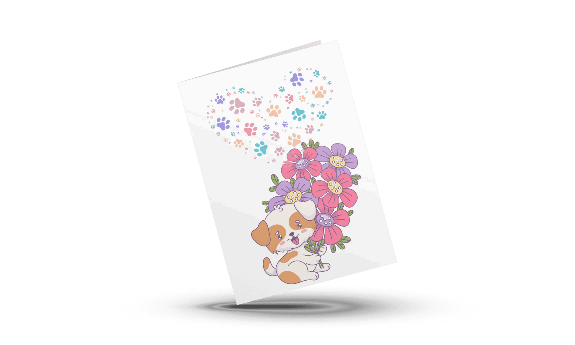 Handgemaakte A6 wenskaart met hondje, bloemen en gekleurde pootafdrukken – zomerse sfeer met witte envelop