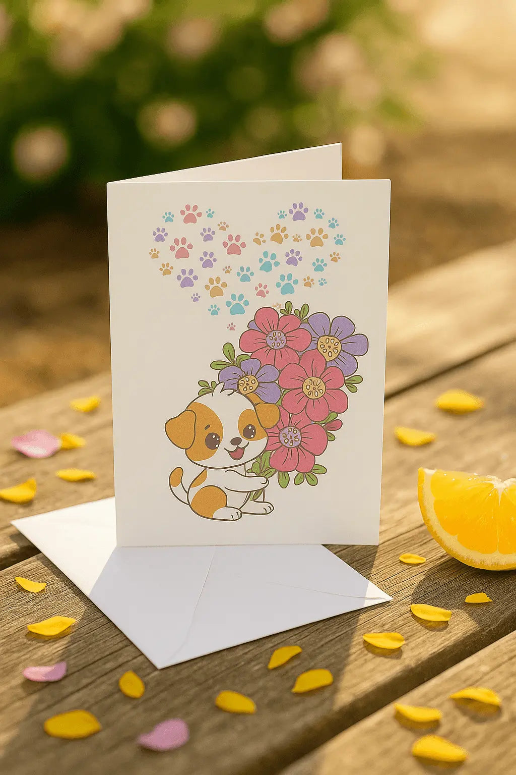Handgemaakte A6 wenskaart met hondje, bloemen en gekleurde pootafdrukken – zomerse sfeer met witte envelop