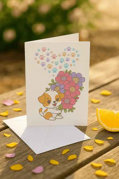Handgemaakte A6 wenskaart met hondje, bloemen en gekleurde pootafdrukken – zomerse sfeer met witte envelop