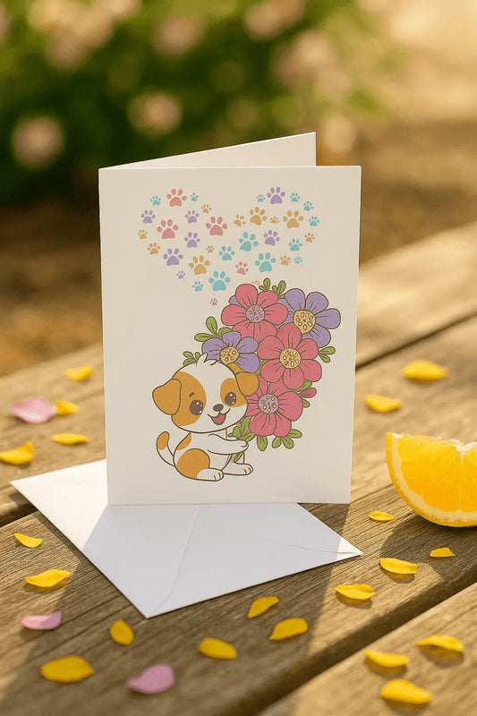 Handgemaakte A6 wenskaart met hondje, bloemen en gekleurde pootafdrukken – zomerse sfeer met witte envelop