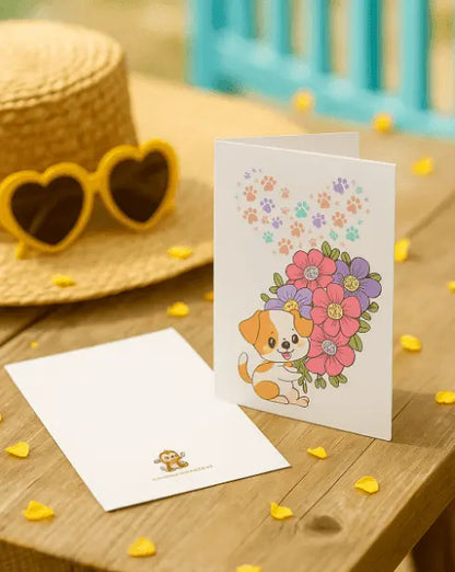 Handgemaakte A6 wenskaart met hondje, bloemen en gekleurde pootafdrukken – zomerse sfeer met witte envelop