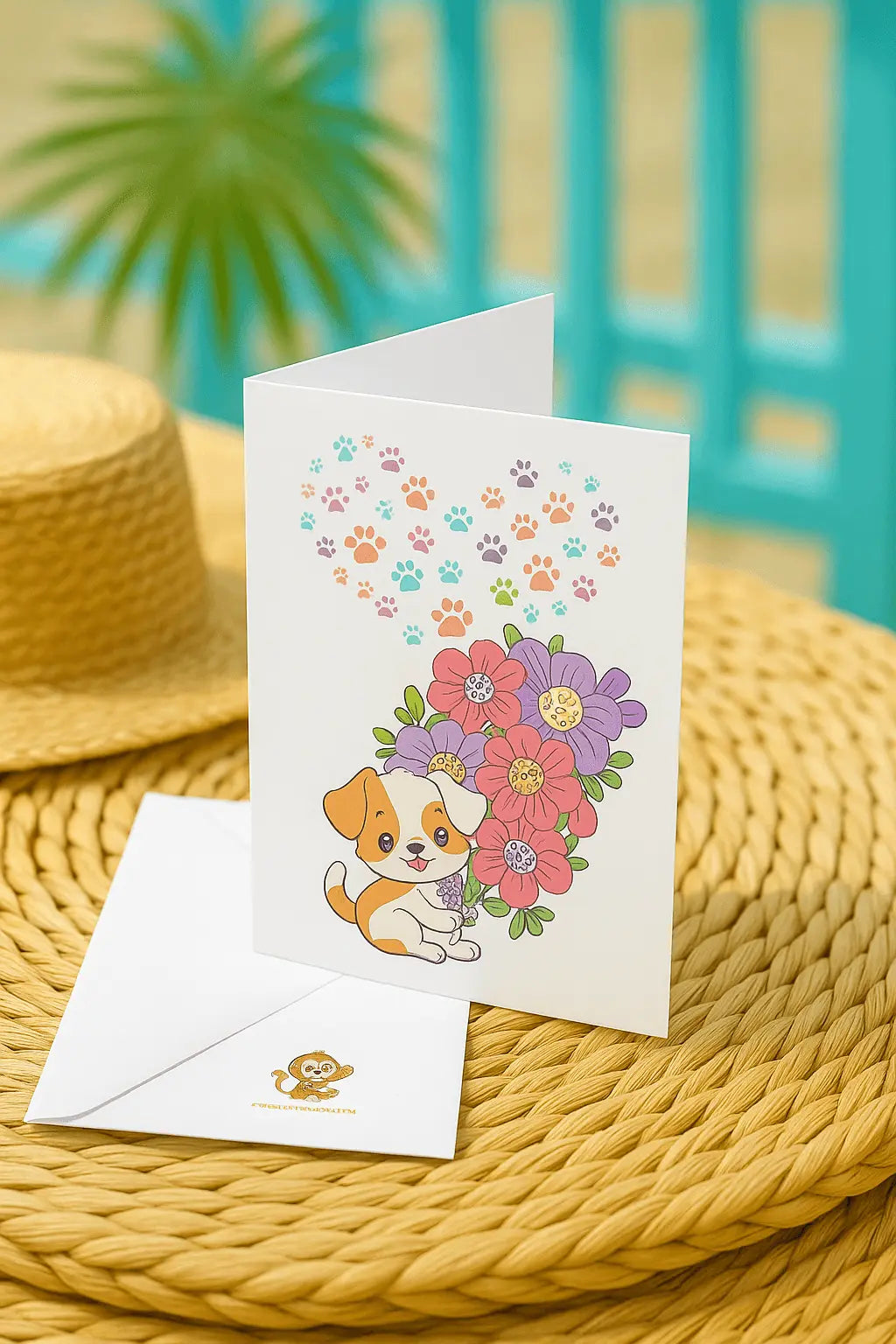 Handgemaakte A6 wenskaart met hondje, bloemen en gekleurde pootafdrukken – zomerse sfeer met witte envelop