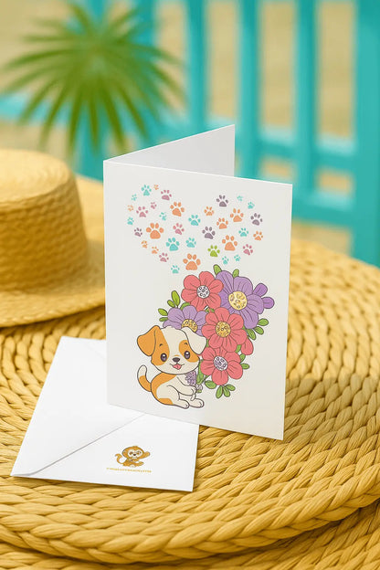 Handgemaakte A6 wenskaart met hondje, bloemen en gekleurde pootafdrukken – zomerse sfeer met witte envelop