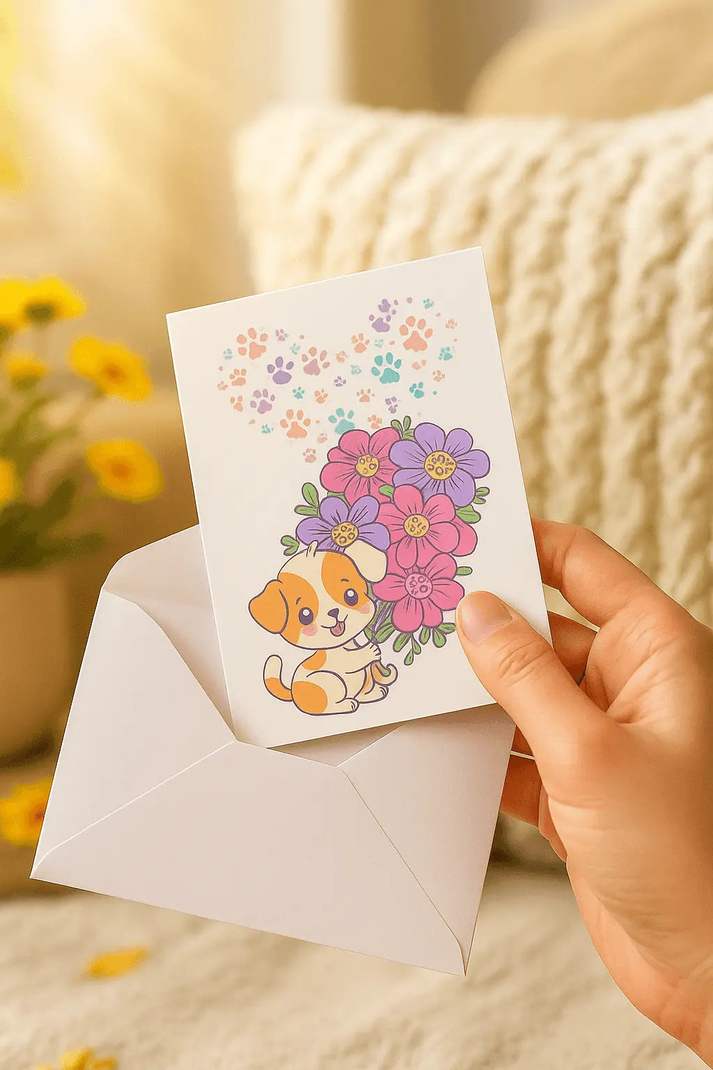 Handgemaakte A6 wenskaart met hondje, bloemen en gekleurde pootafdrukken – zomerse sfeer met witte envelop