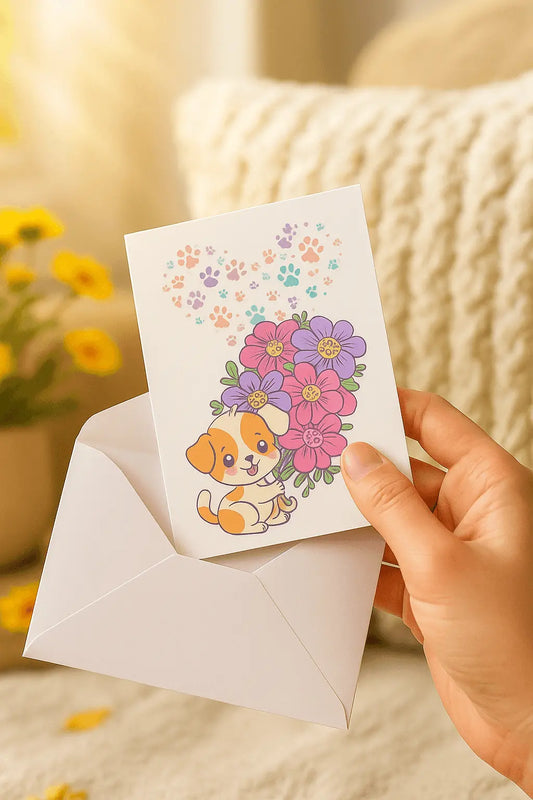 Handgemaakte A6 wenskaart met hondje, bloemen en gekleurde pootafdrukken – zomerse sfeer met witte envelop