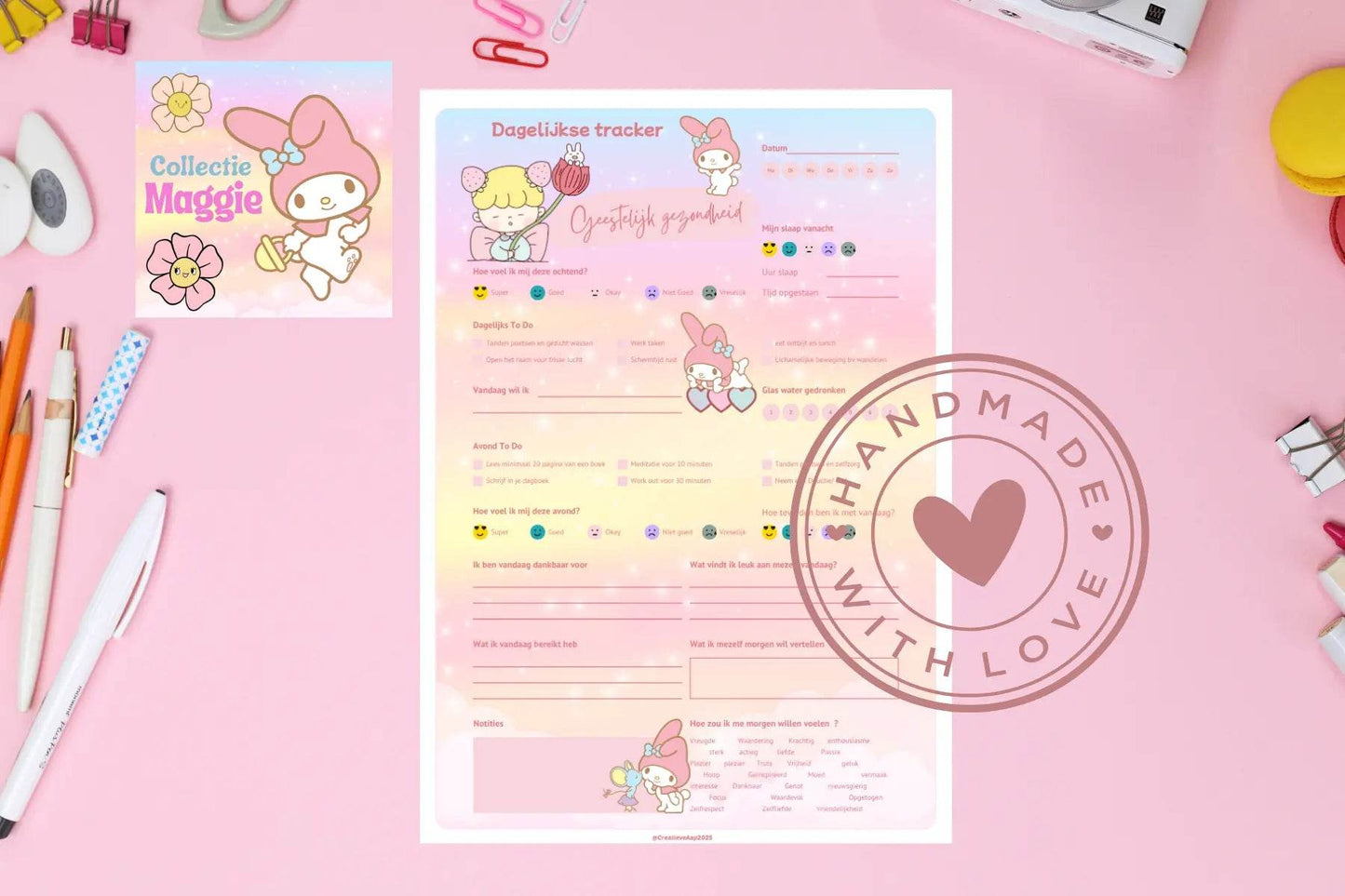 Geestelijk Gezondheid Tracker Maggie – Kawaii Dagelijkse Planner A5/A4 & PDF - Creatieve Aap