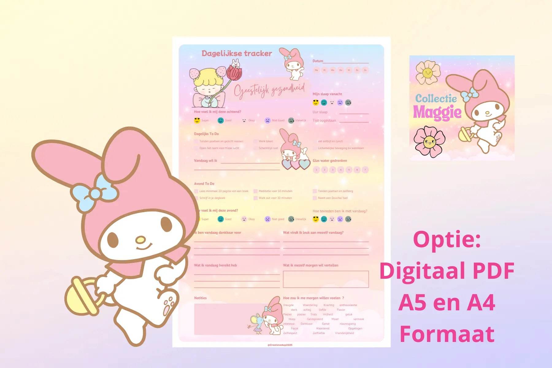 Geestelijk Gezondheid Tracker Maggie – Kawaii Dagelijkse Planner A5/A4 & PDF - Creatieve Aap