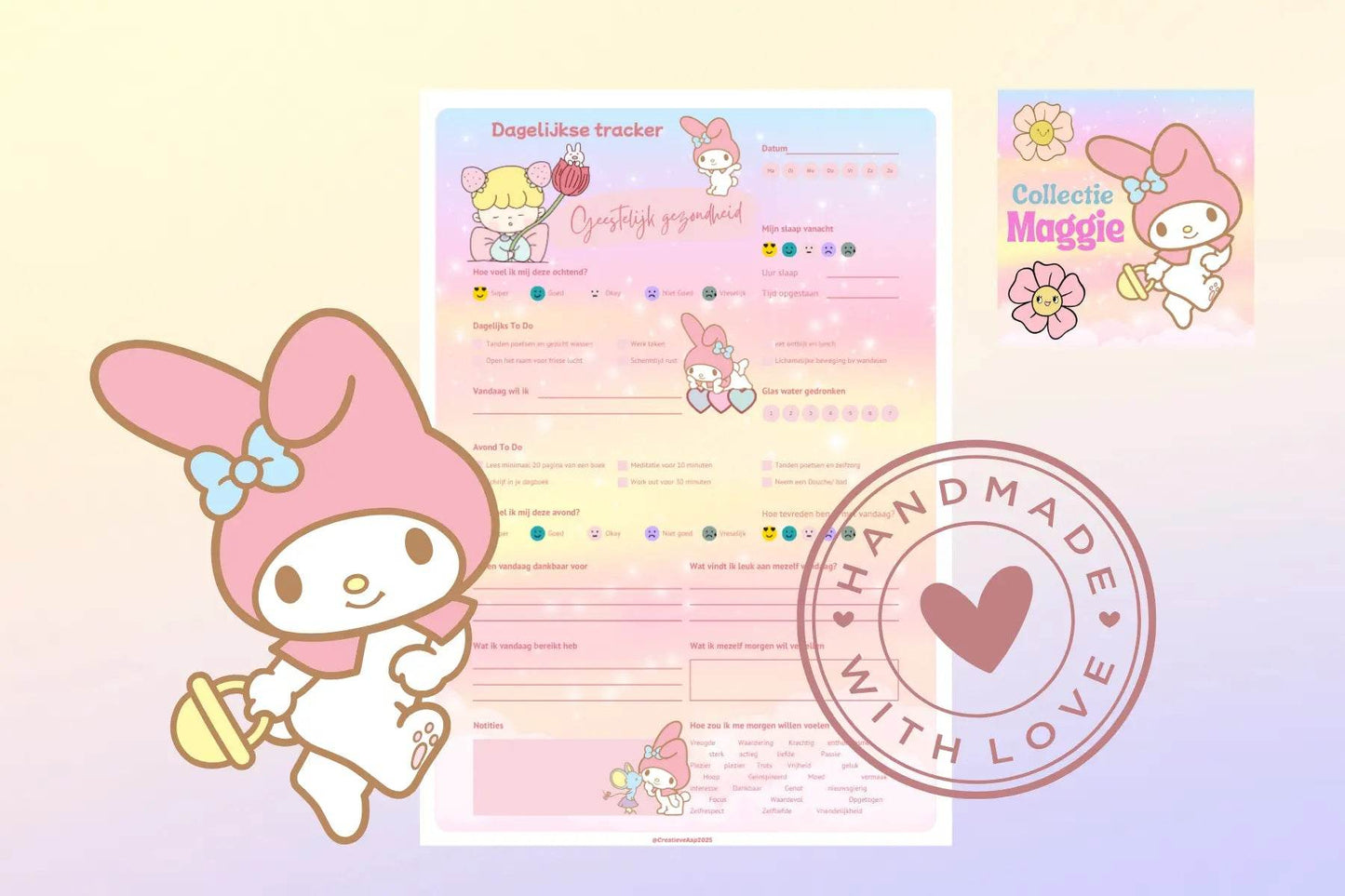 Geestelijk Gezondheid Tracker Maggie – Kawaii Dagelijkse Planner A5/A4 & PDF - Creatieve Aap