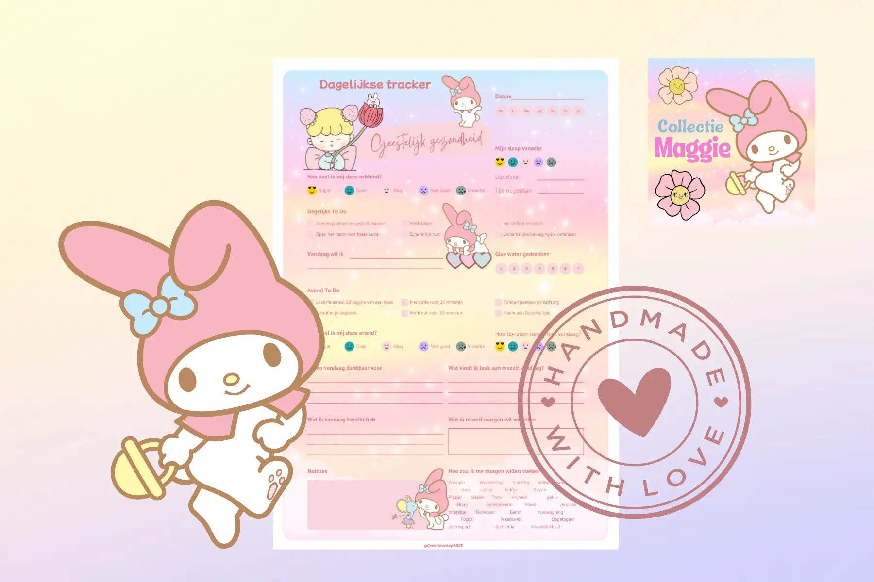 Geestelijk Gezondheid Tracker Maggie – Kawaii Dagelijkse Planner A5/A4 & PDF - Creatieve Aap