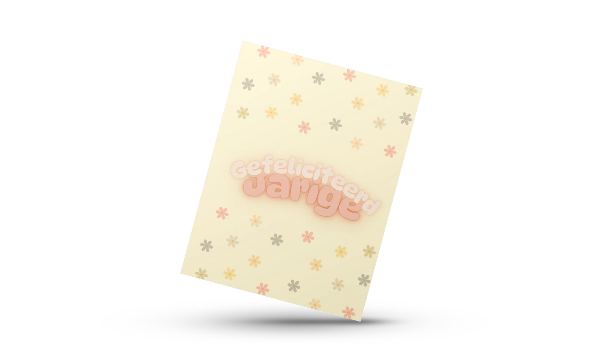 Handgemaakte A6 verjaardagskaart met retro bloemen en tekst ‘Gefeliciteerd Jarige’ in pastelkleuren