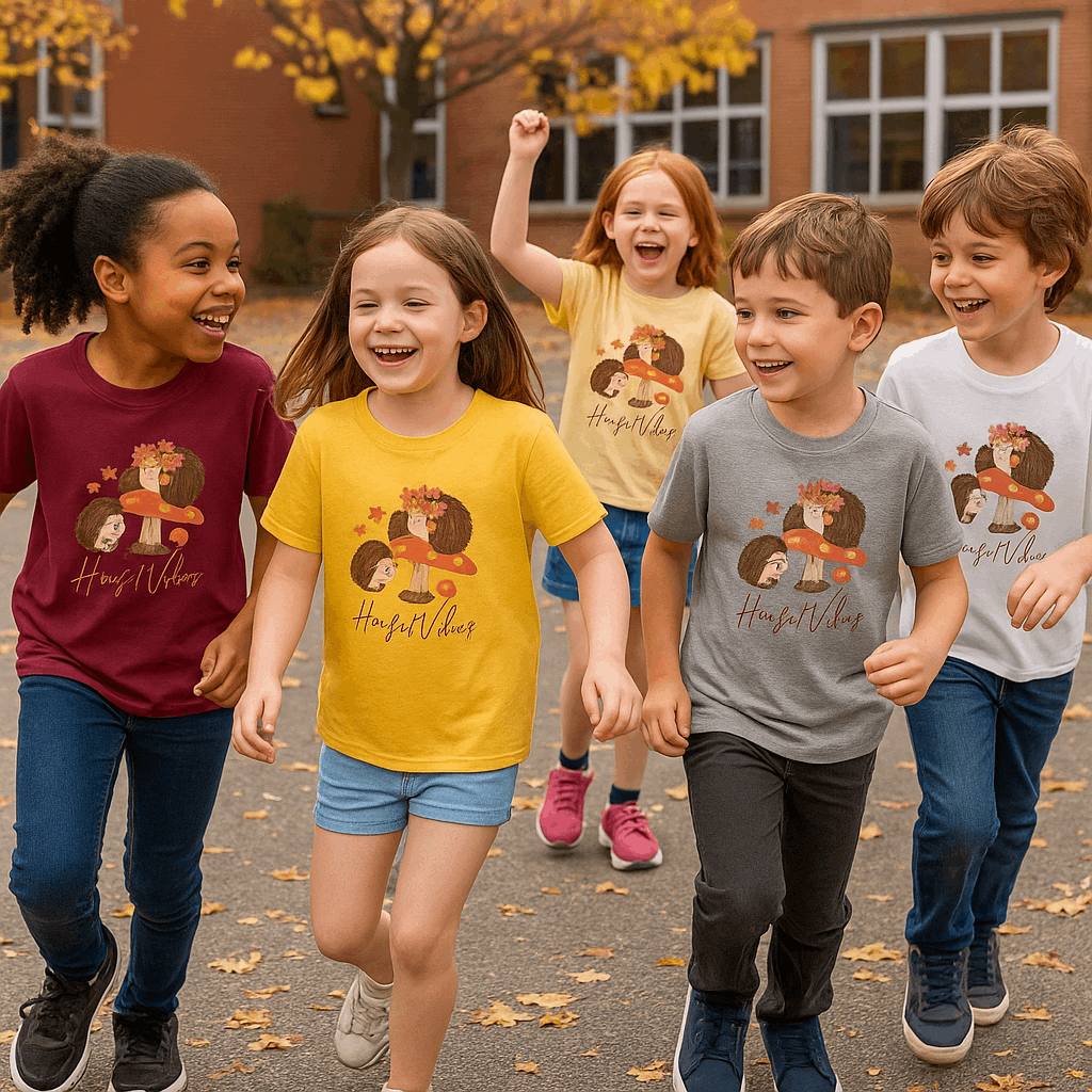 Vijf kinderen dragen het “Herfst Vibes Egeltjes” kinder t-shirt in de kleuren Maron, Yellow Haze, Sand, Grijs en Wit. Herfstachtergrond met schoolplein – Creatieve Aap.