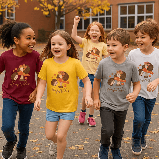 Vijf kinderen dragen het “Herfst Vibes Egeltjes” kinder t-shirt in de kleuren Maron, Yellow Haze, Sand, Grijs en Wit. Herfstachtergrond met schoolplein – Creatieve Aap.