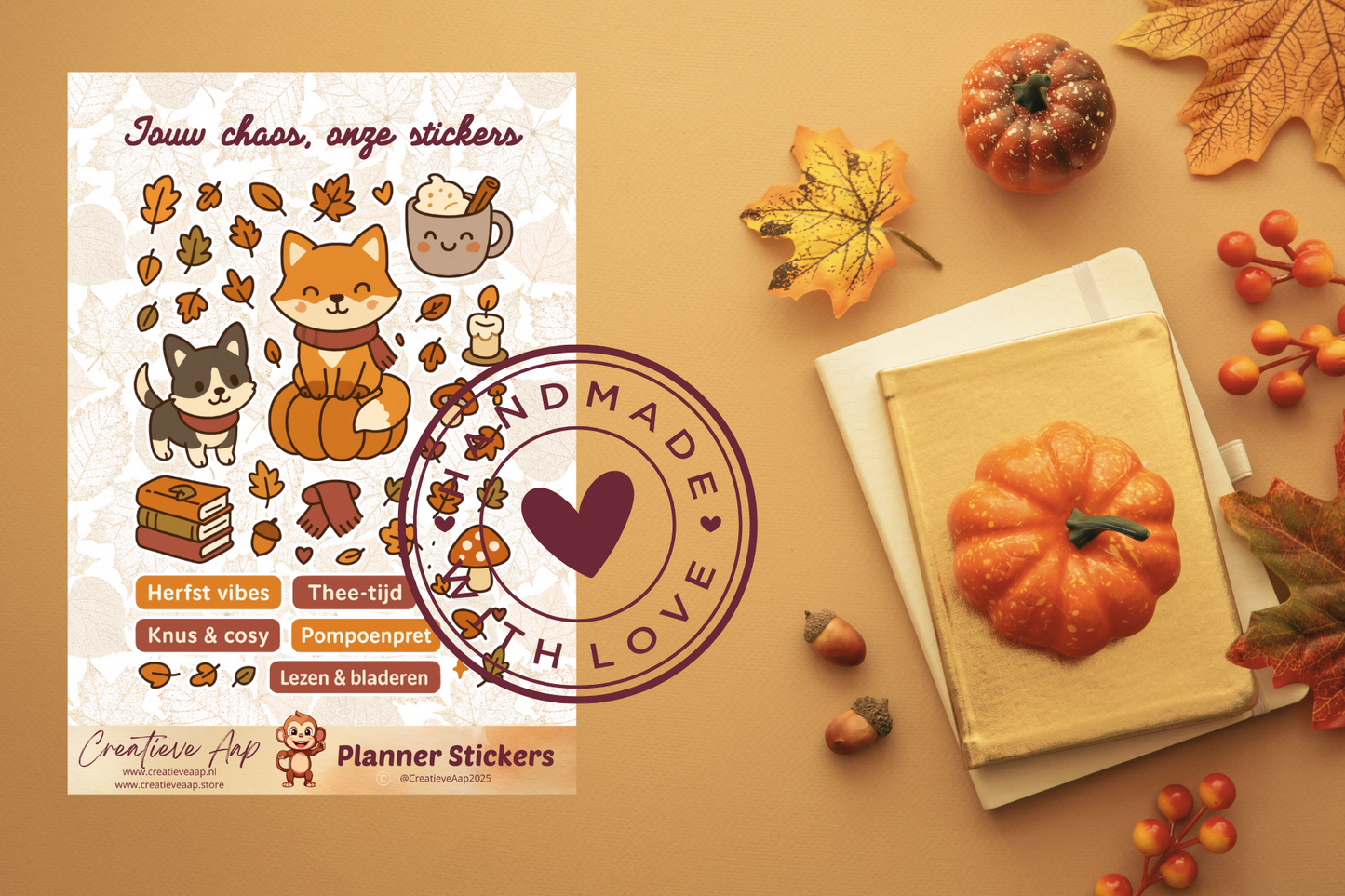 Planner stickers “Herfst Accessoires” in kawaii anime stijl 🍂✨ – met pompoenen, thee, kaarsjes en bladeren. Verkrijgbaar in A6 & A5, matte of glans afwerking.