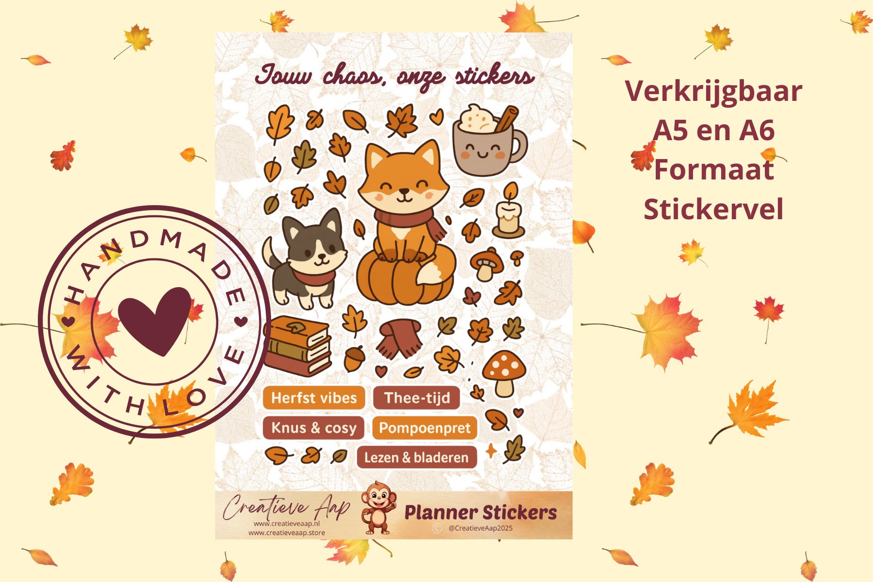 Planner stickers “Herfst Accessoires” in kawaii anime stijl 🍂✨ – met pompoenen, thee, kaarsjes en bladeren. Verkrijgbaar in A6 & A5, matte of glans afwerking.
