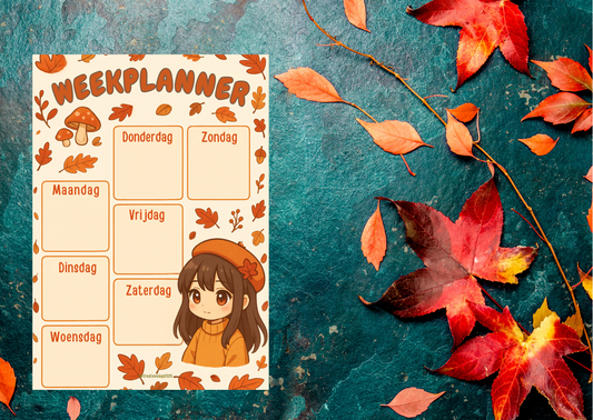 Digitale weekplanner in herfst anime stijl: kawaii meisje in oranje outfit, paddenstoelen en vallende herfstbladeren. Planner met weekindeling maandag t/m zondag (PDF, A4).