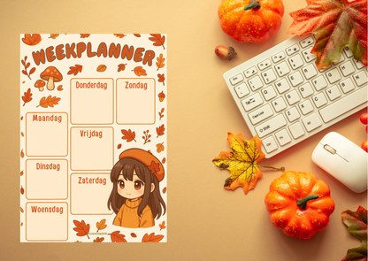 Digitale weekplanner in herfst anime stijl: kawaii meisje in oranje outfit, paddenstoelen en vallende herfstbladeren. Planner met weekindeling maandag t/m zondag (PDF, A4).
