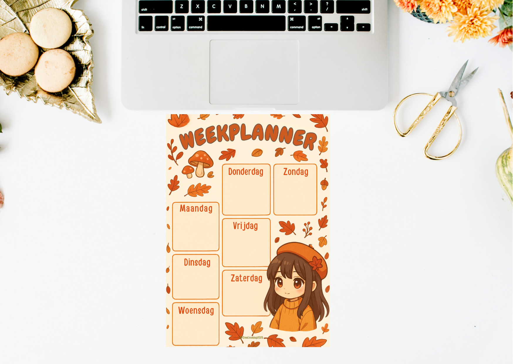 Digitale weekplanner in herfst anime stijl: kawaii meisje in oranje outfit, paddenstoelen en vallende herfstbladeren. Planner met weekindeling maandag t/m zondag (PDF, A4).