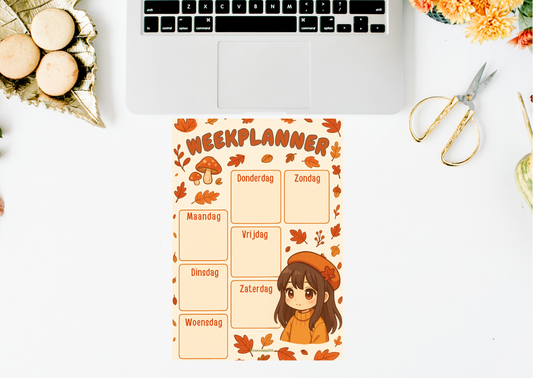 Digitale weekplanner in herfst anime stijl: kawaii meisje in oranje outfit, paddenstoelen en vallende herfstbladeren. Planner met weekindeling maandag t/m zondag (PDF, A4).