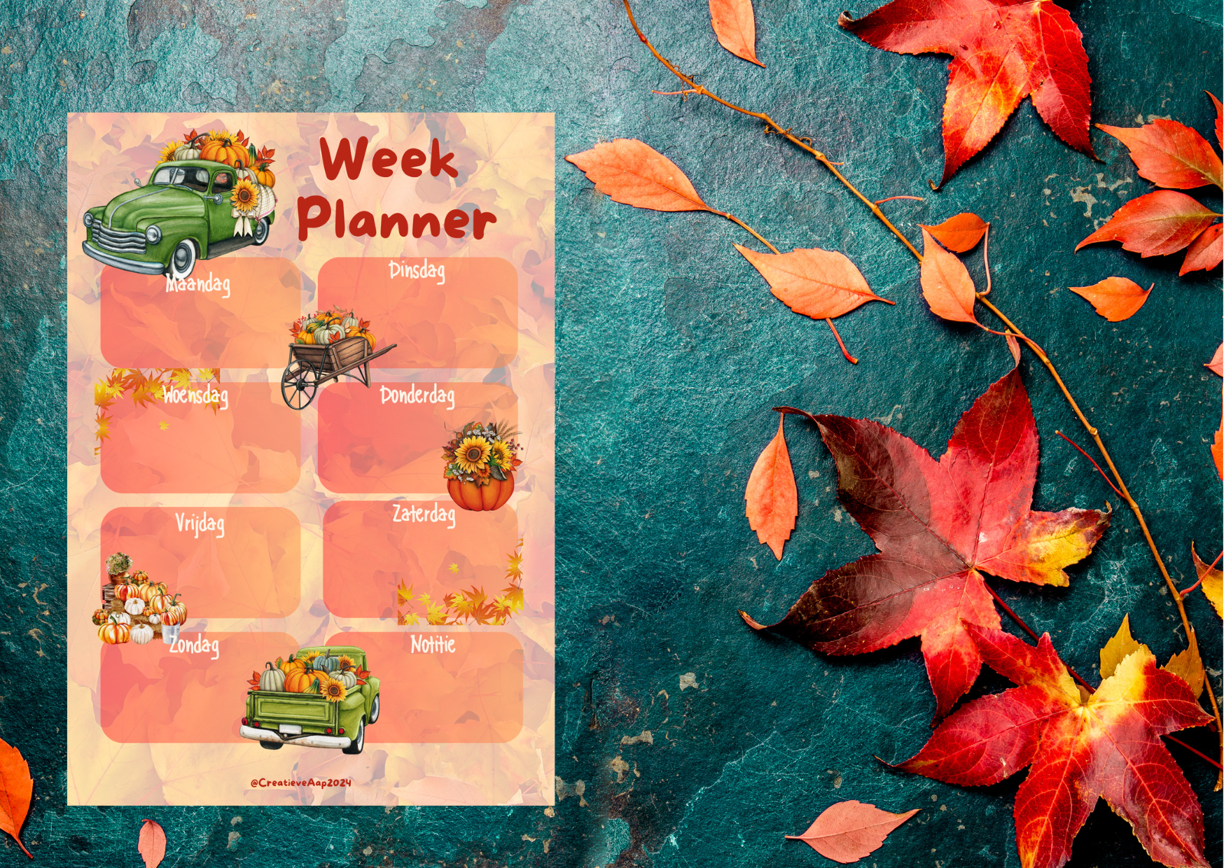 Herfst weekplanner in A4 PDF met illustraties van pompoenen, zonnebloemen, retro vrachtwagen en kruiwagen vol herfstschatten. Planner met weekindeling maandag t/m zondag + notities.