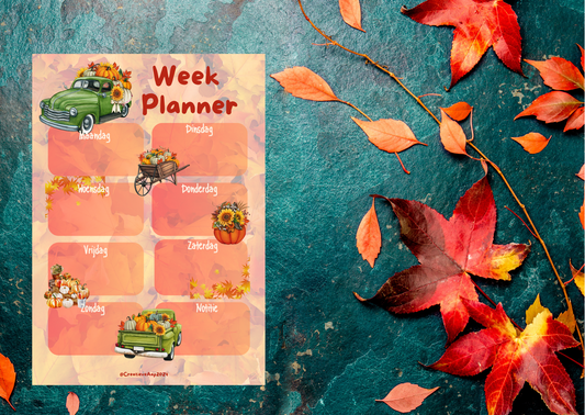 Herfst weekplanner in A4 PDF met illustraties van pompoenen, zonnebloemen, retro vrachtwagen en kruiwagen vol herfstschatten. Planner met weekindeling maandag t/m zondag + notities.