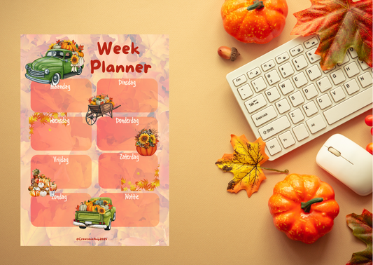 Herfst weekplanner in A4 PDF met illustraties van pompoenen, zonnebloemen, retro vrachtwagen en kruiwagen vol herfstschatten. Planner met weekindeling maandag t/m zondag + notities.