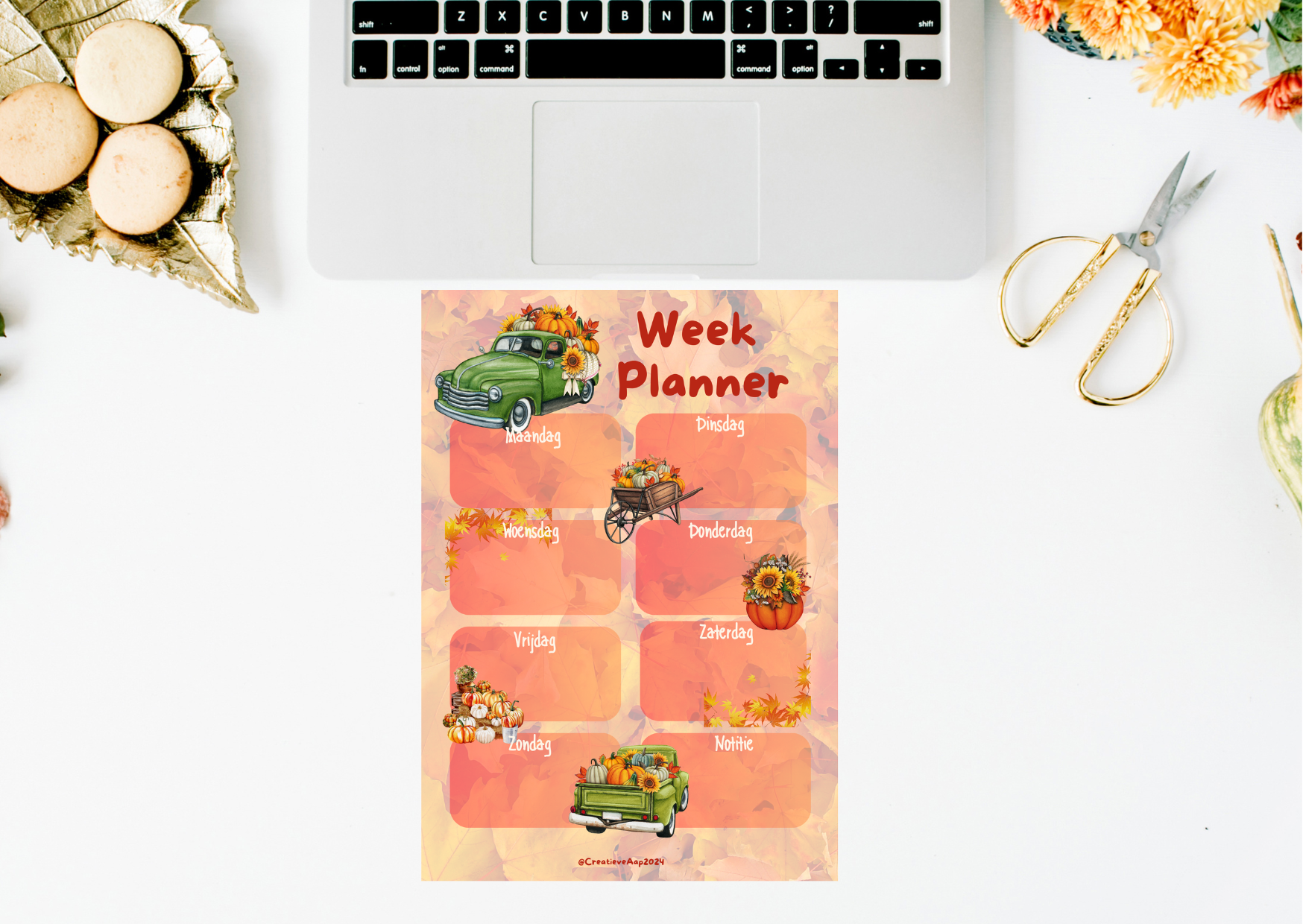 Herfst weekplanner in A4 PDF met illustraties van pompoenen, zonnebloemen, retro vrachtwagen en kruiwagen vol herfstschatten. Planner met weekindeling maandag t/m zondag + notities.